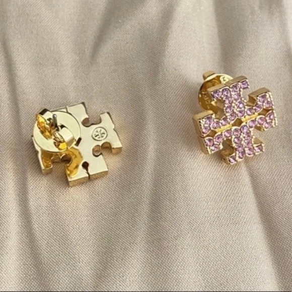 Tory Burch Gold Logo Pink Gemstone Stud Earrings - Picture 2 of 9